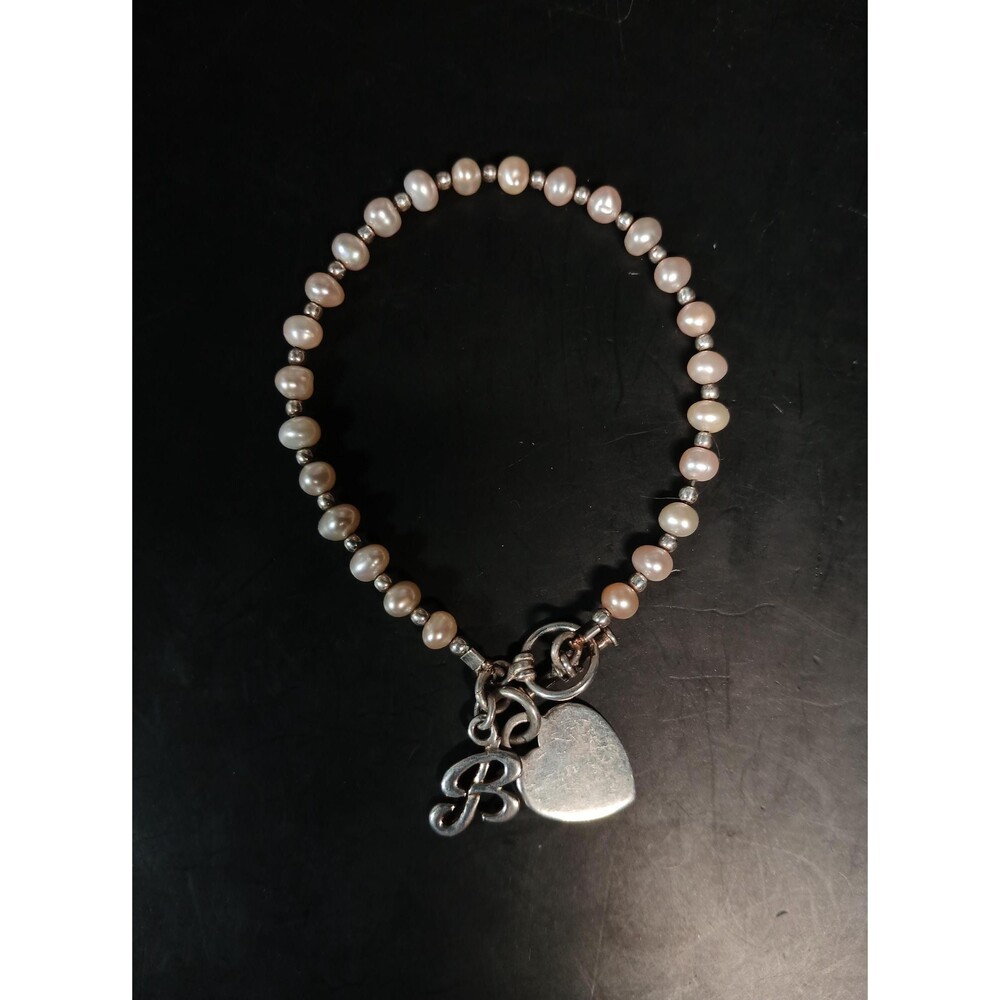 Sterling Silver 925 Pearl Bracelet Heart Charm Initial B 6.25"